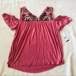 HANNAH Pink Cold Shoulder Embroidered Top Size L